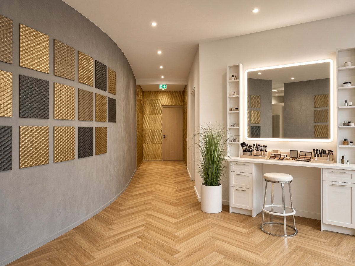 Gang van AI Skins met make-uptafel en gouden wandpanelen