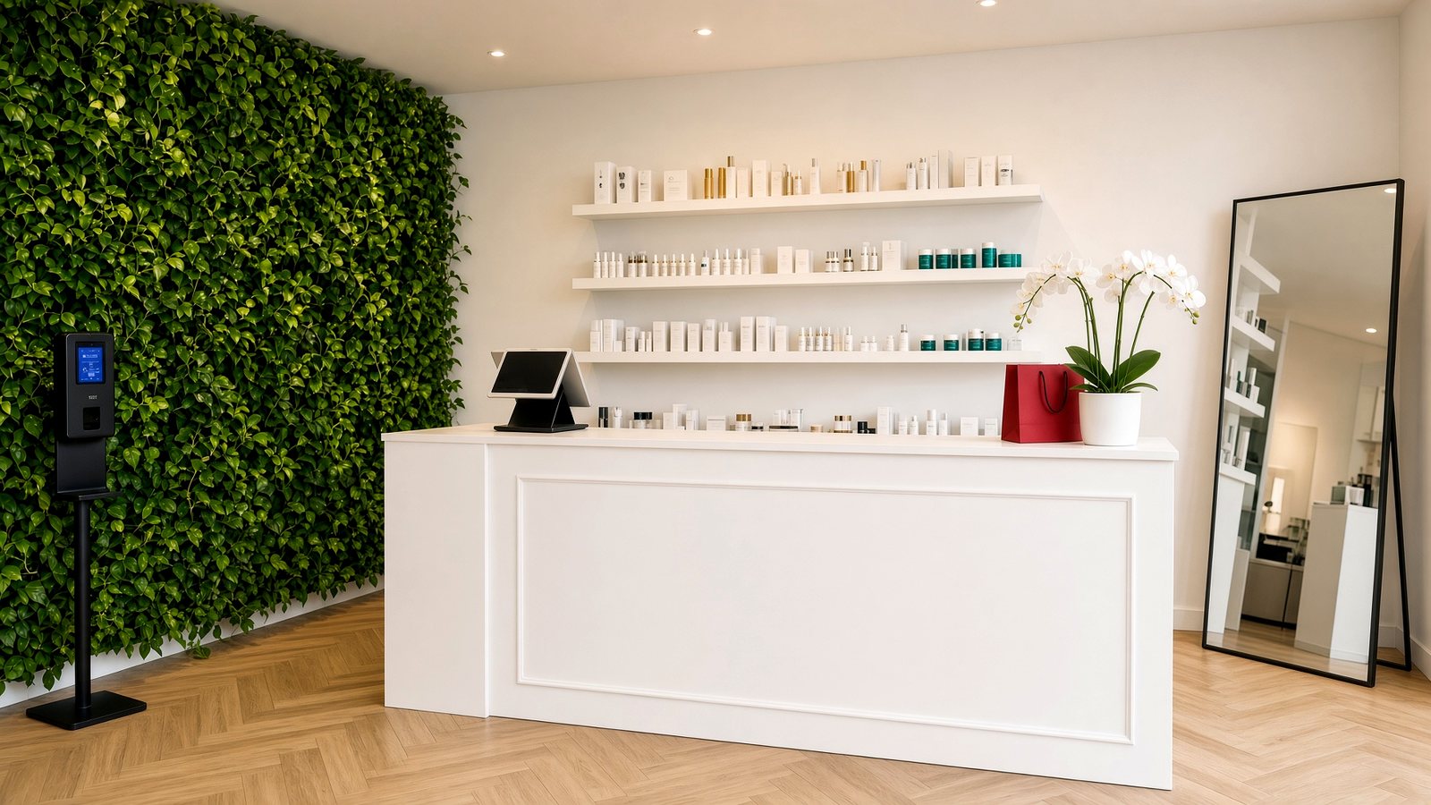 Behandelkamer van AI Skins in Alkmaar, met marmeren wanden en een beige behandelstoel